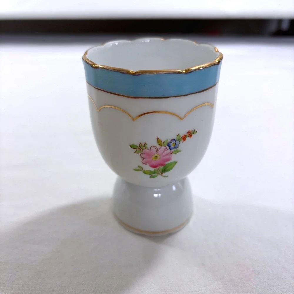 Vintage Noritake China Hand Painted Floral Creamer Sugar Egg Cup Set Blue Gold